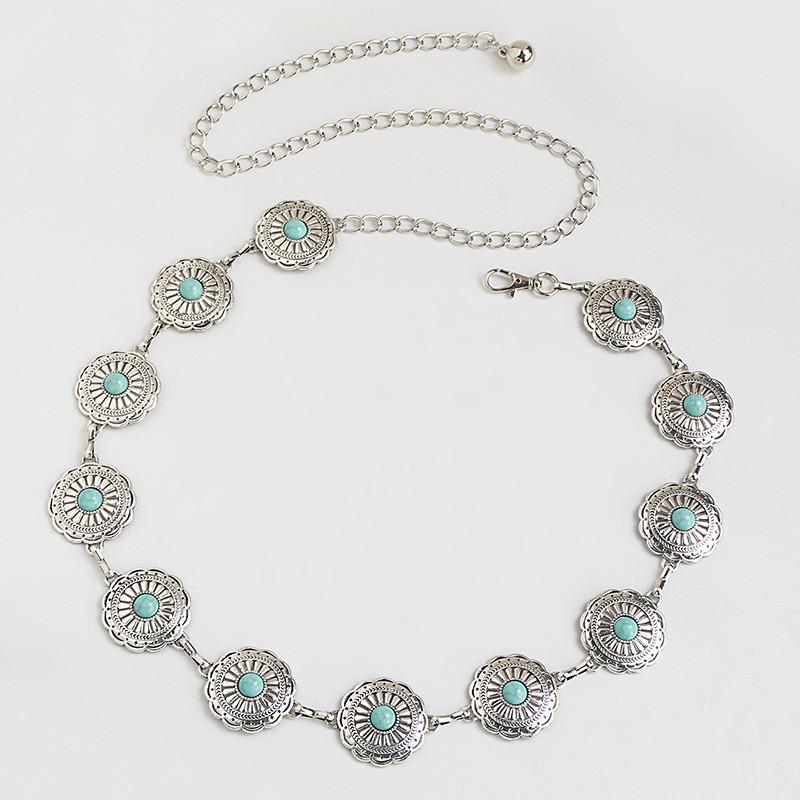 Turquoise Style Western Silver Metal Waist Chain With Carved Details Women For