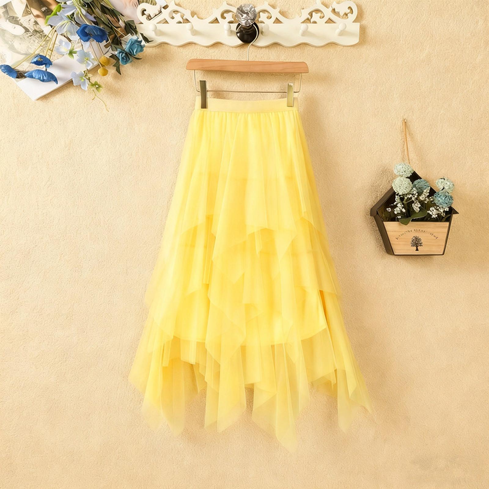 

Жіноча асиметрична сітчаста міді-спідниця, з високою талією, універсальна спідниця-половинка L жовтий