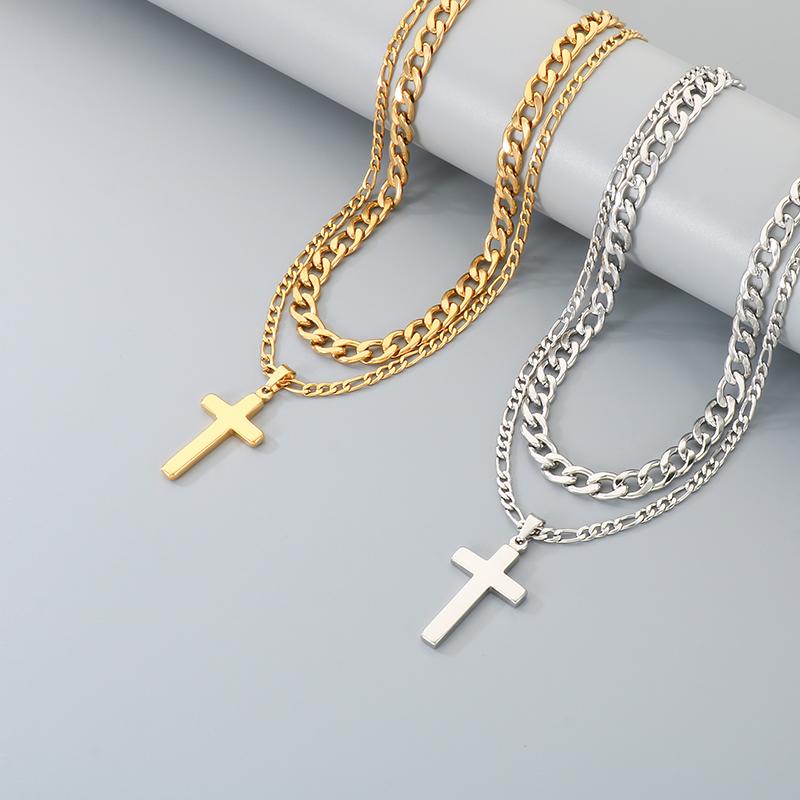 Double-Layer Stainless Steel Cross Pendant Necklaces for Men Metal Chain Religious Design Trendy Jewelry Daily Golden Accessory