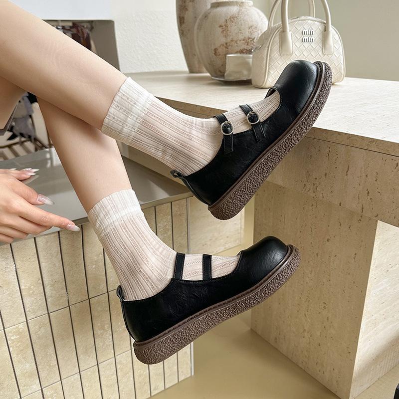 2025 spring and summer new round head soft sole thick heel Mary Jane single shoe design double buckle belt fashion versatile women's shoes