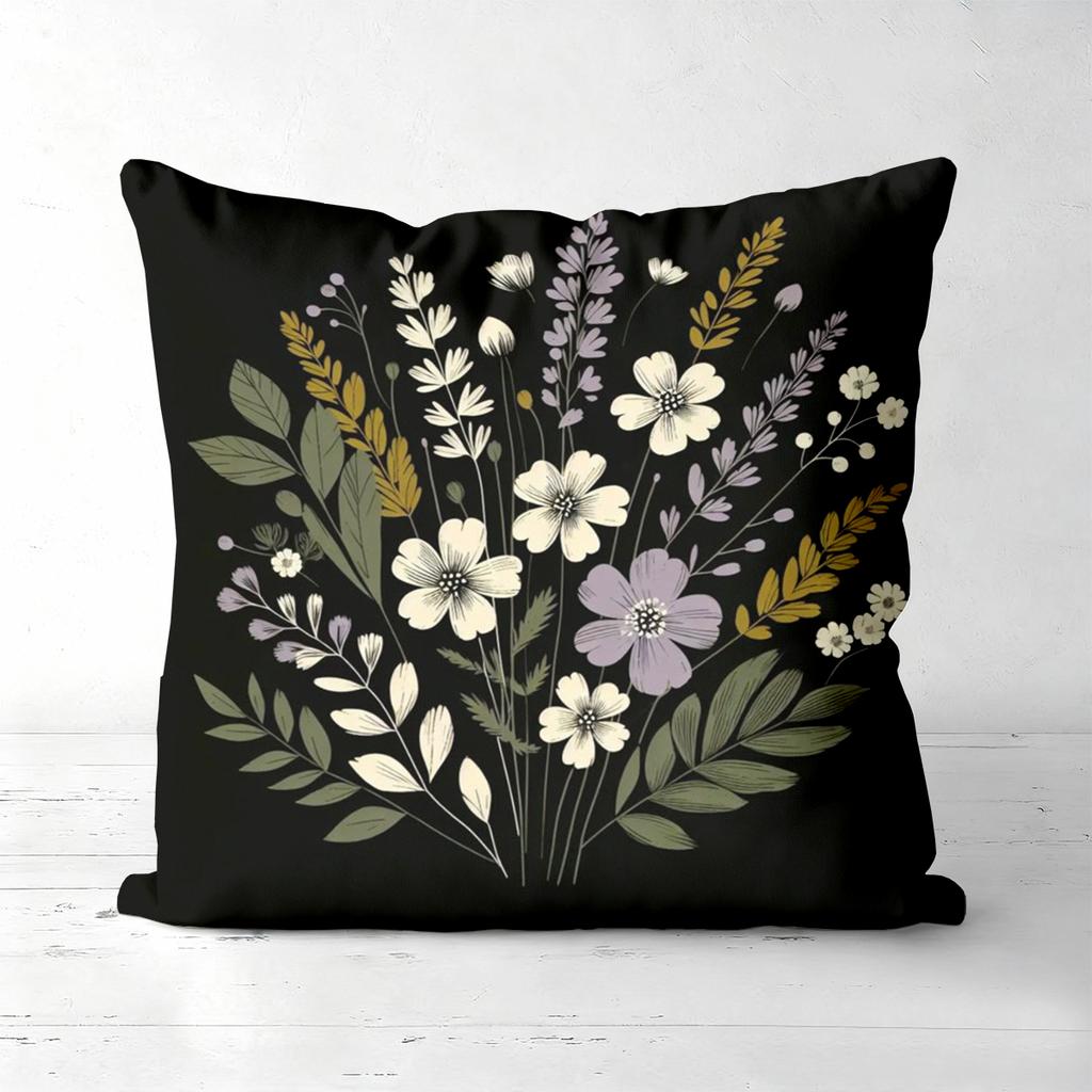 Floral Pattern Black Throw Pillow For Home Decor Polyester Pillowcase, Sofa Decorative Cushion Cov Headboard Pillow