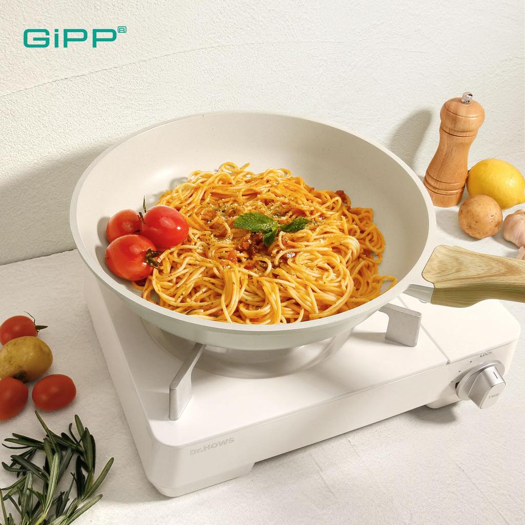 GiPP Frying Smažení na ohni s žáruvzdornou keramikou Snadno PFOA PFOS bez denního smažení Bílá pánev, 28 cm, kompatibilní s IH/plynem, nepřilnavá pánev, rukojeť