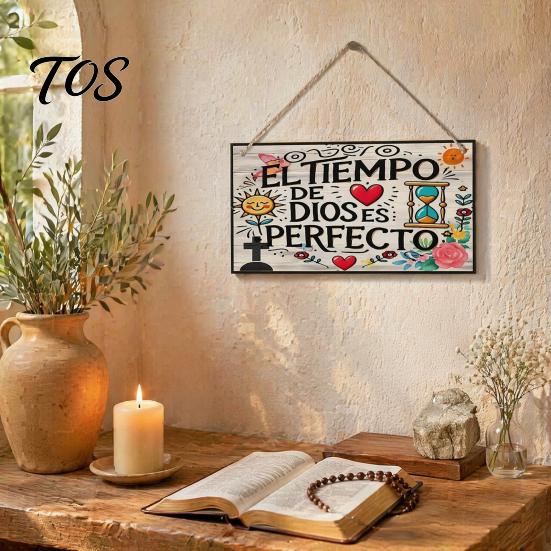 Floral Wooden Hanging Plaque Spanish Religious Prayer Wall Ornament with Rose Cross Flower, New Home Housewarming Gifts Decorative Pendant for Living