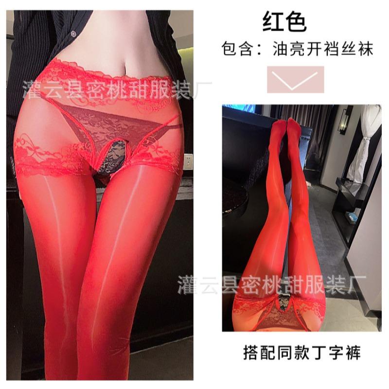 Sex-Unterwäsche sexy Netz durchsichtig seidig Einteiler Pferdeöl offener Schritt Socken hohe Taille Hüftlift Öl glänzend offene Socken