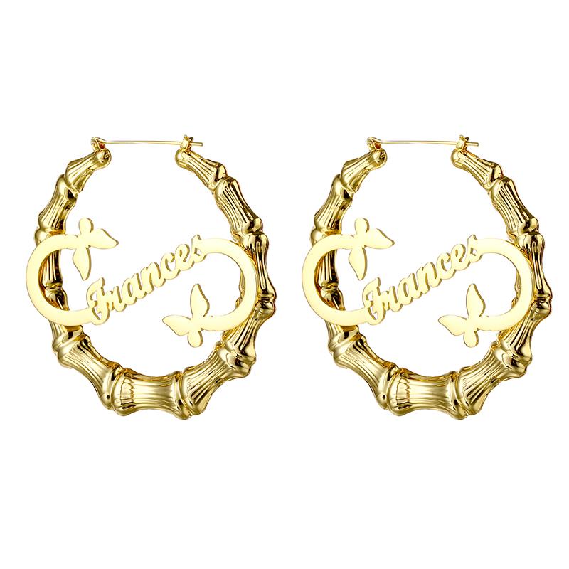 Stainless Steel Gold Plated Personalized Name Letter Big Large Earrings Customized Bamboo Name Hoop Earrings