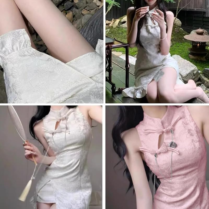 [Uccellino] Cheongsam Clothing Cheongsam Ruffle Cosplay Masquerade Lolita Sexy Mini Costume Masquerade One Piece (white, XL)