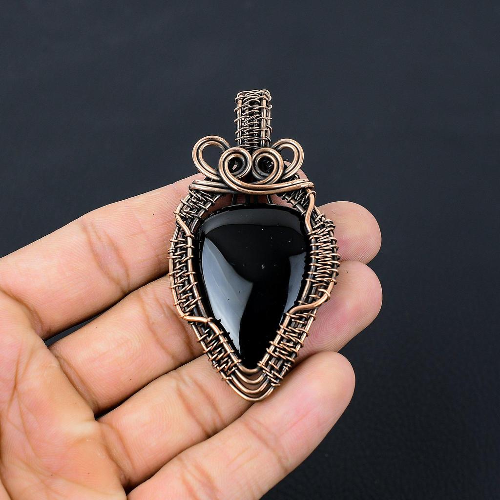 Black Onyx Gemstone Pure Copper Wire Wrapped Handmade Pendant Jewelry For Her