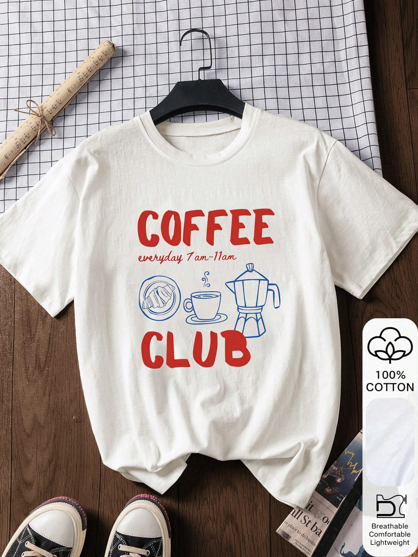 Coffee Club Printed 100 Cotton Short Sleeve White TShirt For Women Summer Casual S