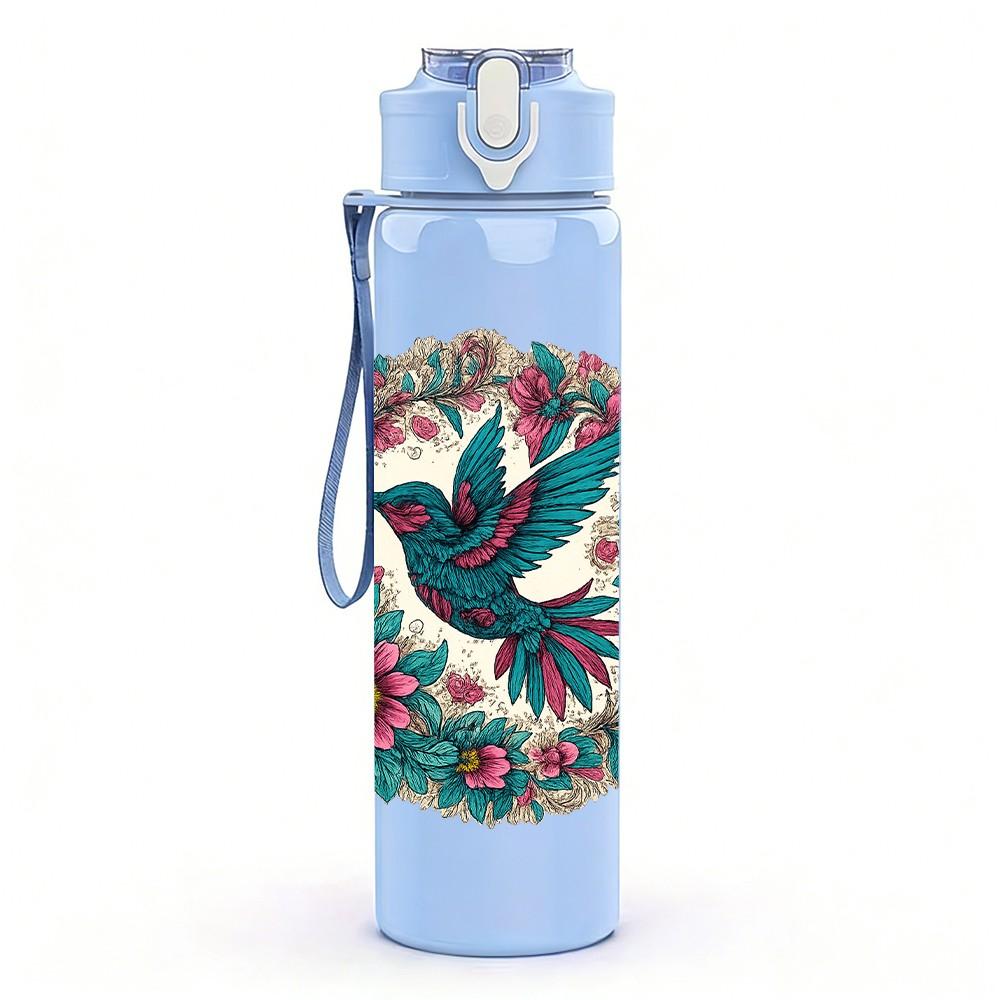 1PC Folk Bird Floral Circle 750ml Color Plastic Sports Water Bottle Leakproof Flip Straw Lid Suitable for Sports Office Home Use