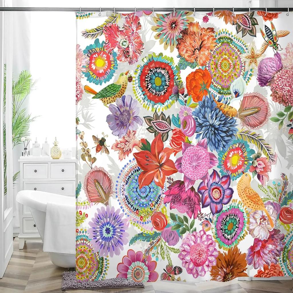 Flerfärgad Blomkonst Blommig Duschdraperi Badrum Dekorativ Vattentät Tvättbar Duschdraperi 180x180cm