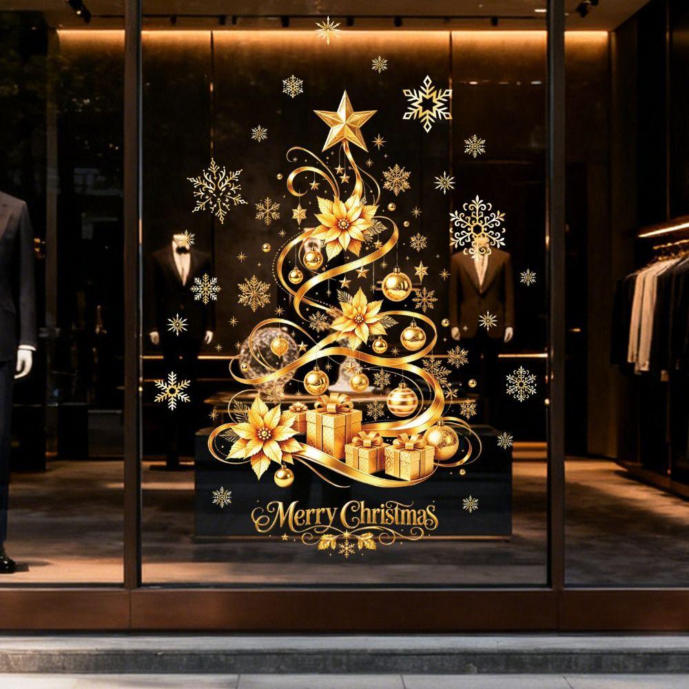 Removable Christmas Window Clings Gold Pattern Static Cling Stickers Storefront Decoration