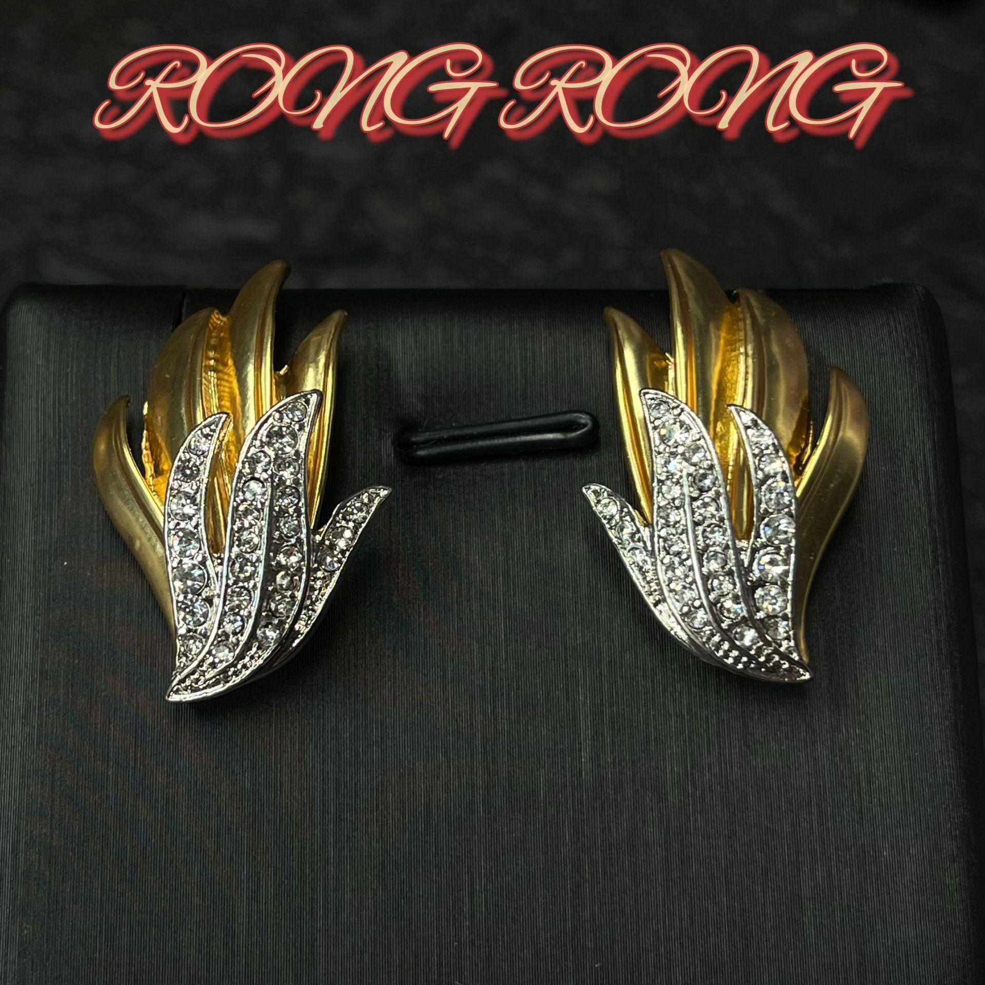 Vintage Studded Gold Feather Wing Earrings With Retro Heavy Industry Fashion Personality
