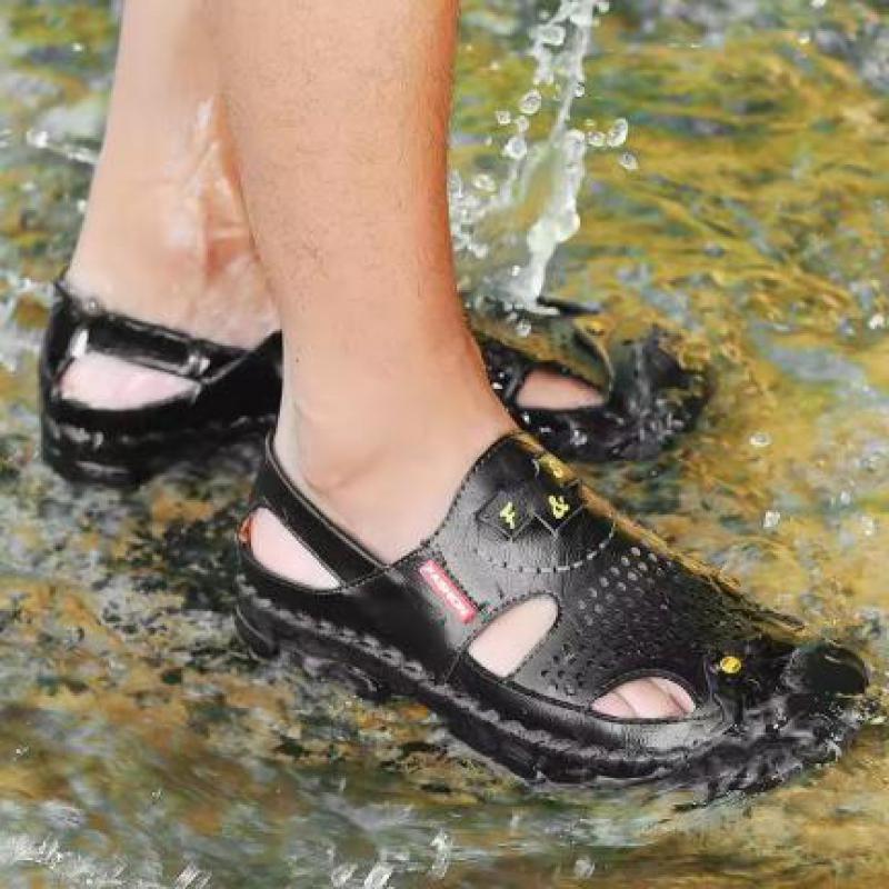 Fashion 2025 Men Genuine Leather Shoes Men's Sandals Durable Handmade Stitching Close Toe Non Slip Shoes For Indoor Outdoor Beach