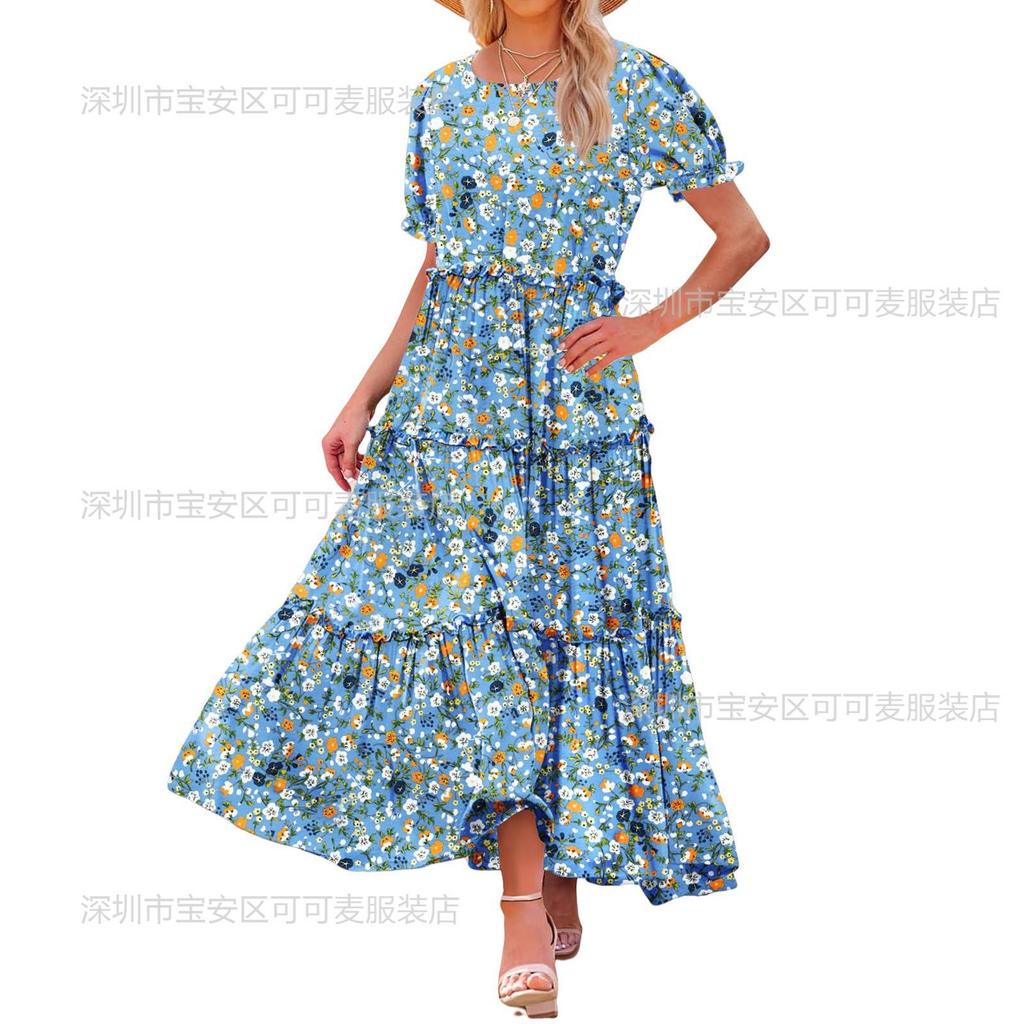 New spring and summer women's clothing bubble sleeves floral fashion and thin pleated long printed dress
