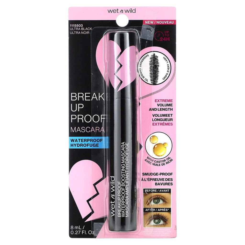 Wet n wild, Break Up Proof, wasserfeste Mascara mit Boosting-Effekt, 1115503 Ultra Black, 8 ml (0,27 fl oz)