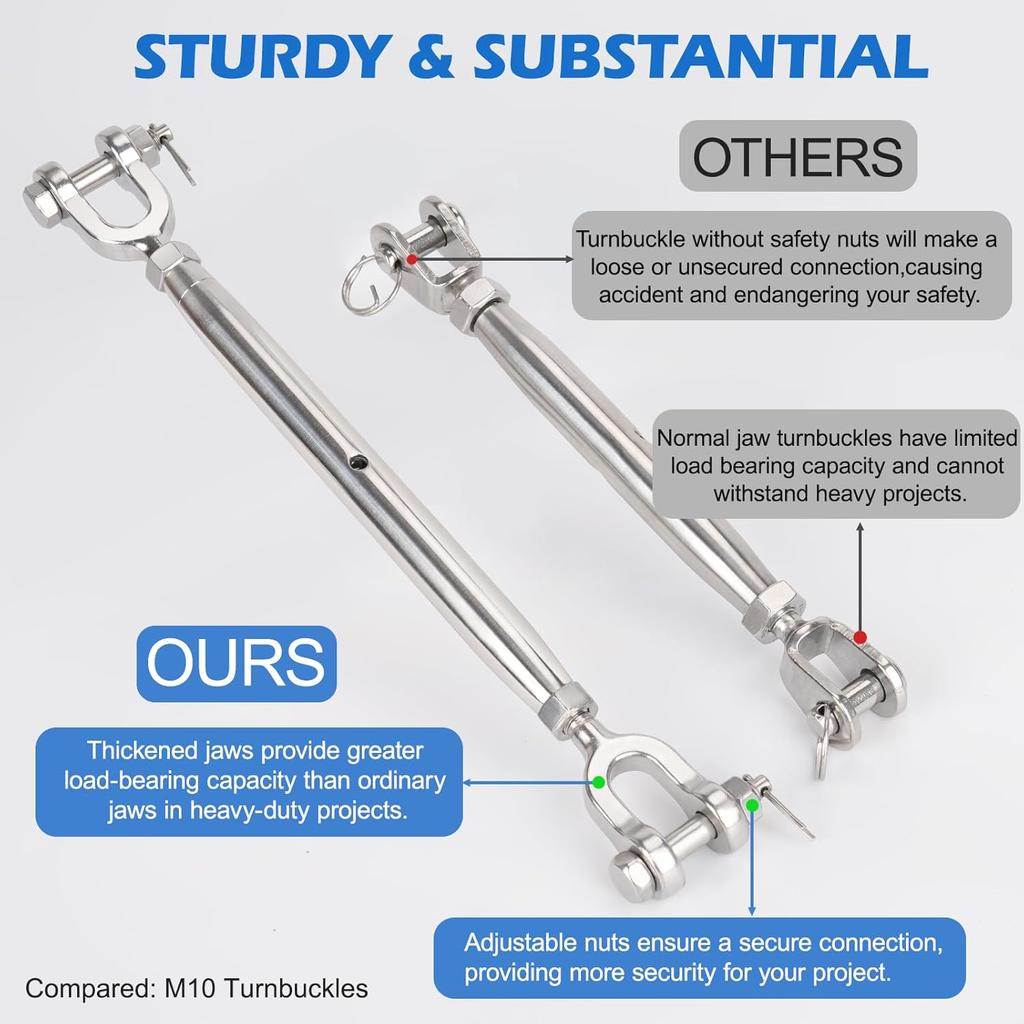 4PCS 1/4" (M6) Turnbuckle, 304 Stainless Steel Jaw and Jaw Turnbuckle, 1600lbs Working Load Limit, Wire Tensioner, Closed Body Turnbuckle for Cable,