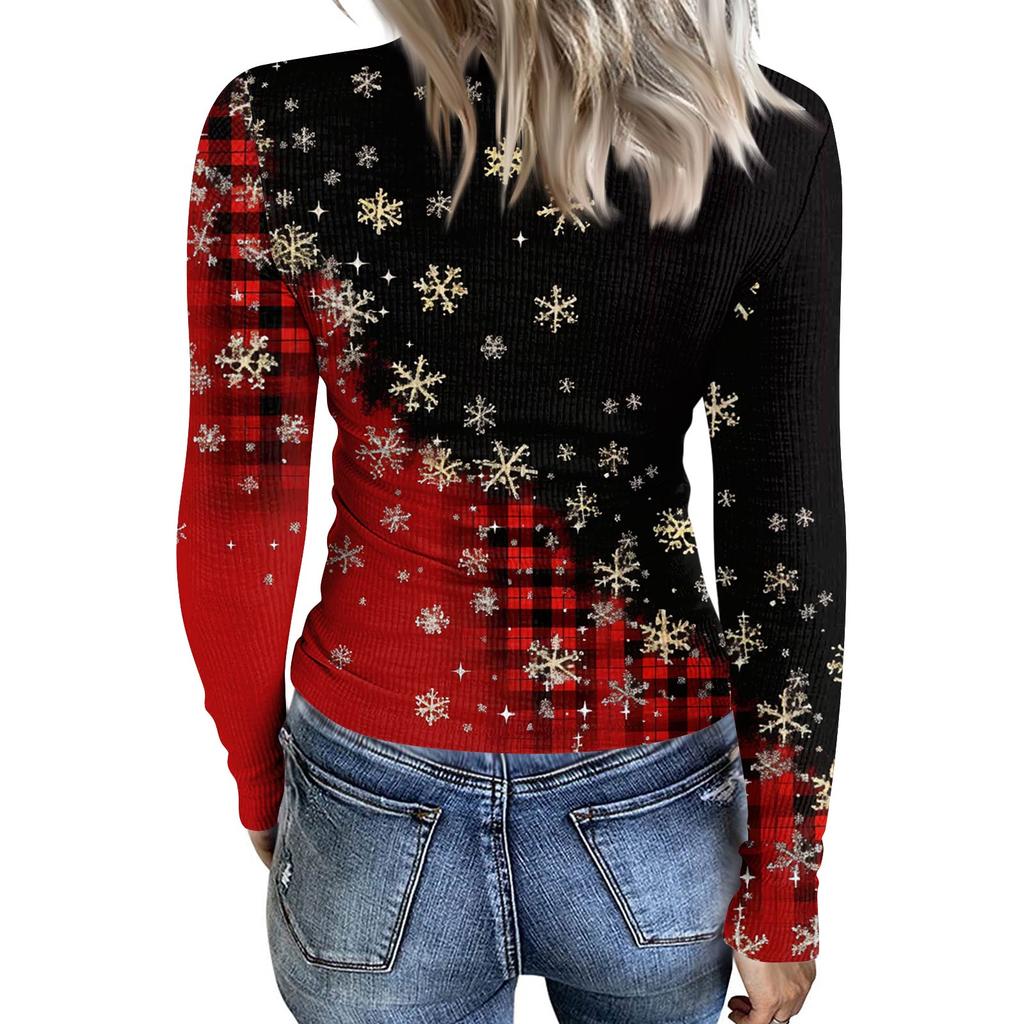 Maglietta Intima da Donna Invernale Slim-Fit alla Moda con Stampa Natalizia Scollo a V Pullover Top a Maniche Lunghe