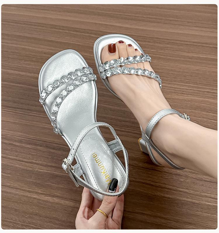 2025 New French Crystal Women's Sandals with High Heels and Square Head Style