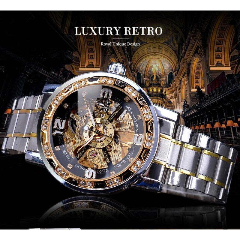 Forsining Montres Mode Homme Casual Classique Pop Ajouré Strass Montre Mécanique Manuelle