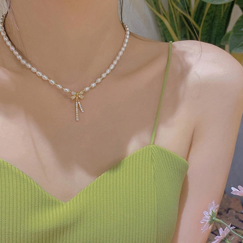 Double Layer Water Drop Pearl Tassel Necklace Niche Light Luxury French High-End Elegant Women Versatile Collarbone Chain Jewelry