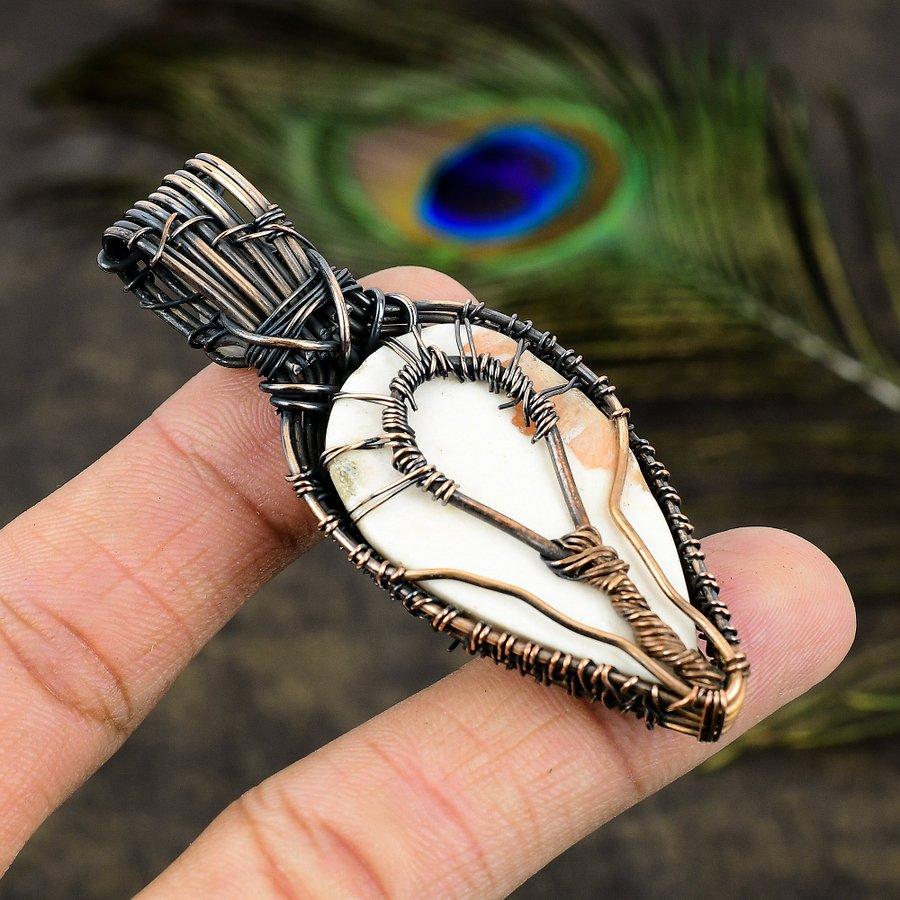 Orange Scolecite, Moonstone Gemstone Copper Wire Wrap Jewelry Pendant 3.35"