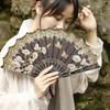 Handheld Fan Vintage Style Bright Color Flower Pattern Cloth Retro Chinese Style Folding Fan Photography Prop
