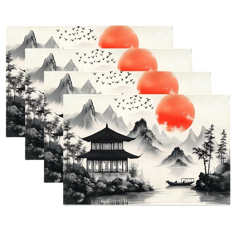

4pcs Chinese Landscape Painting a Pavilion Placemats Farmhouse Dining Table Place Mats Spring Summer Country Rustic Kitchen Deco 12x18in-4PCS