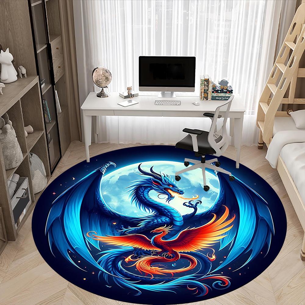 1pc Dragon Phoenix Office Round Area Rug, Under Office Chairs Bedroom Living Room Home Decor, Room Deco, Available In Various Sizes