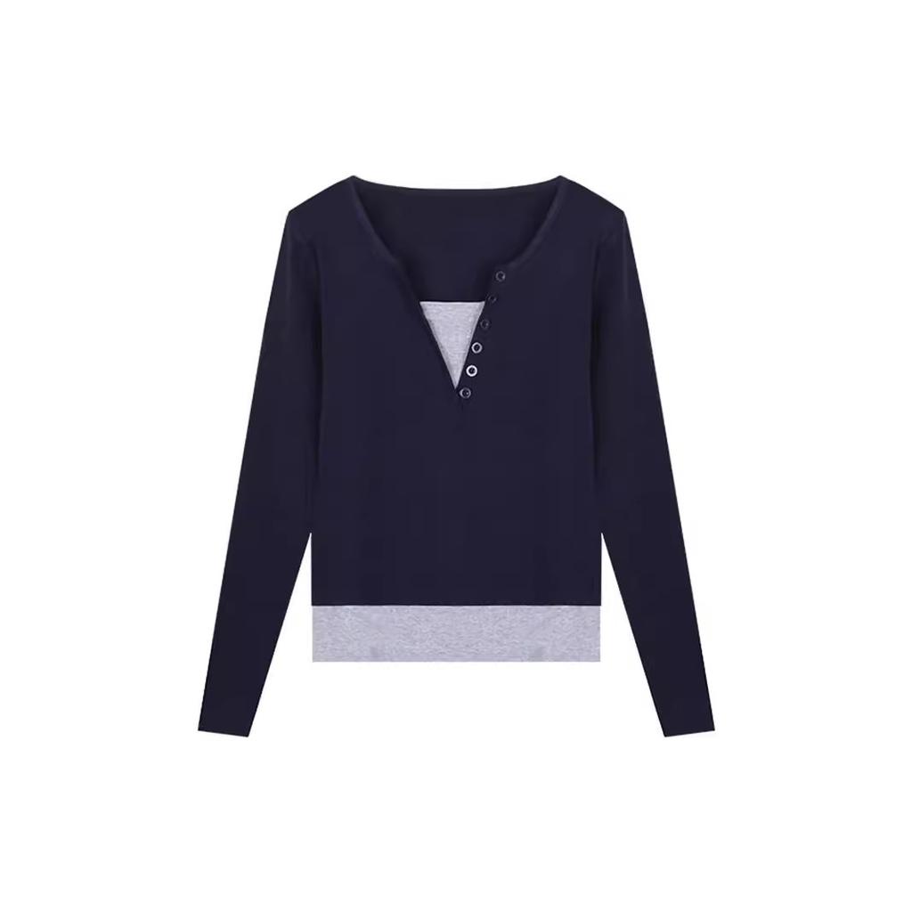 Splicing Contrasting Color Fake Two-piece Long-sleeved T-shirt Women's Autumn Design Sense Niche Slim and Thin Chic Bottoming Shirt Top