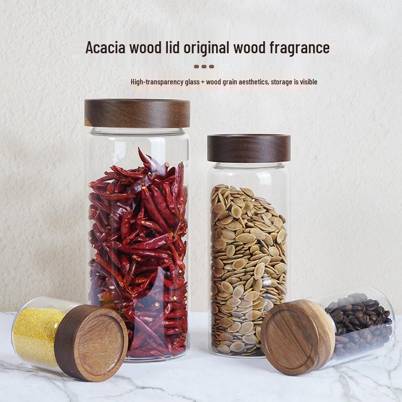 Airtight Glass Storage Jar with Acacia Wood Lid - Thick Transparent Jar for Grains and Cereals