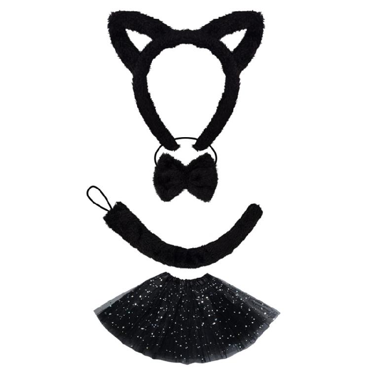 Cats Headband Set Plush Tail Cats Headband Bows Tie Skirt Animals Cosplay Set Cats Costume Set for Halloween
