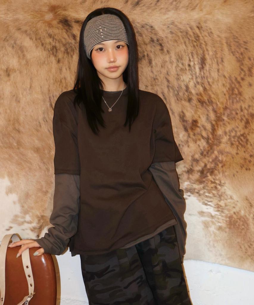 SUPERSUB [Set] Vintage Color Block Layered Long Sleeve T-Shirt Set - Brown/Dusty Gray