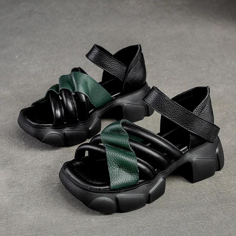 Fashion 6CM Women Sandals Hook Cow Genuine Leather Fashion Platform Sandal Luxury Females Thick-soled ROME Big Toe Summer Retro Shoes