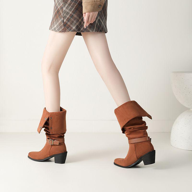 Veloursleder Damen Kniehohe Stiefel Runde Zehenpartie Blockabsätze 6,5cm Zum Hineinschlüpfen Gürtelschnalle Nieten Übergröße 42 43 Dating Bota