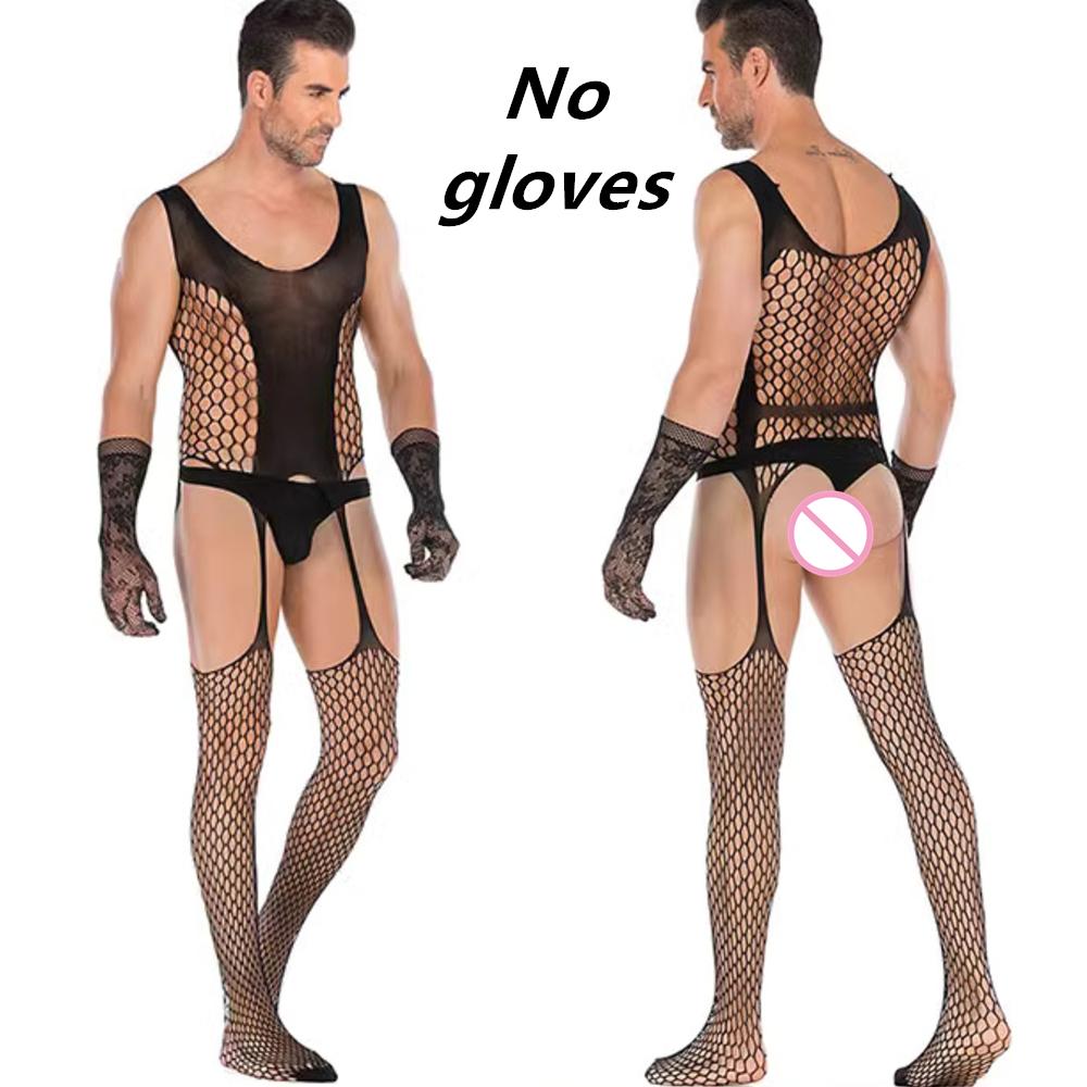 Men'S Sexy Underwear One-Piece Fishnet Full Body Stockings Gay Erotic Mesh Perspective Tight Lingerie Sissy Clothes Nightdress