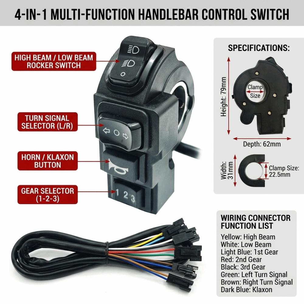 4-in-1 Headlamp Control Switch Turn Signal 9 Pin SM Connector E-Bike Headlight Switch 22mm Horn Motorcycle Handlebar Switch