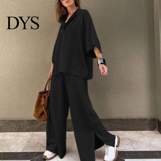 Lightweight Casual Outfit Women's Two-Piece Oversized 3/4 Sleeve Pullover Top And Spring Autumn Fashion Wide Leg Pants Set Fall Loose Lounge