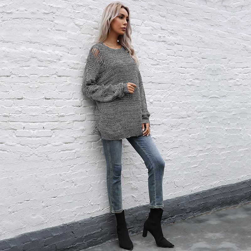 Vintage Fashion Elegant Casual Autumn Ins Wind Broken Hole Solid Color Round Neck Mori Sweater Knit Sweater Women