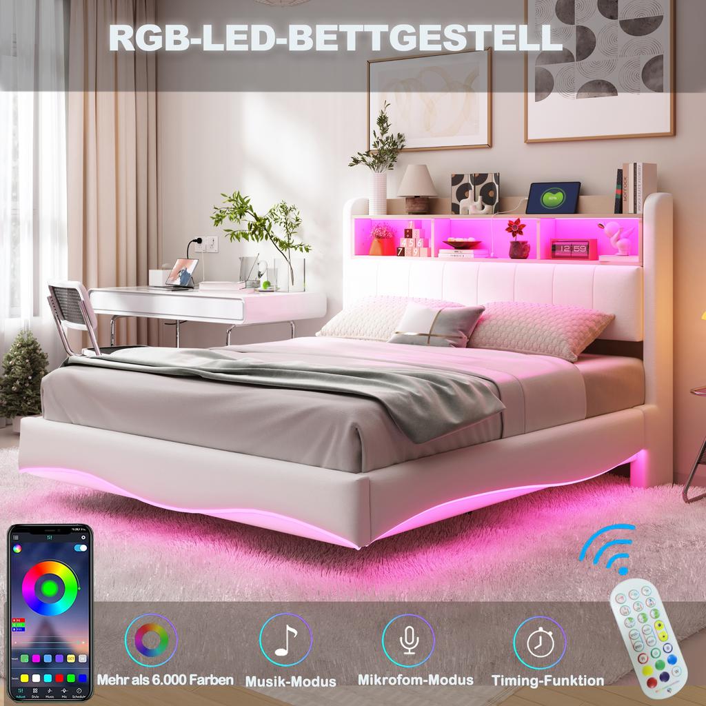 Zwevend design gestoffeerd bed 140*200 gemaakt van linnen stof, multifunctioneel opbergbed met LED-licht, USB en TYPE-C interface beige