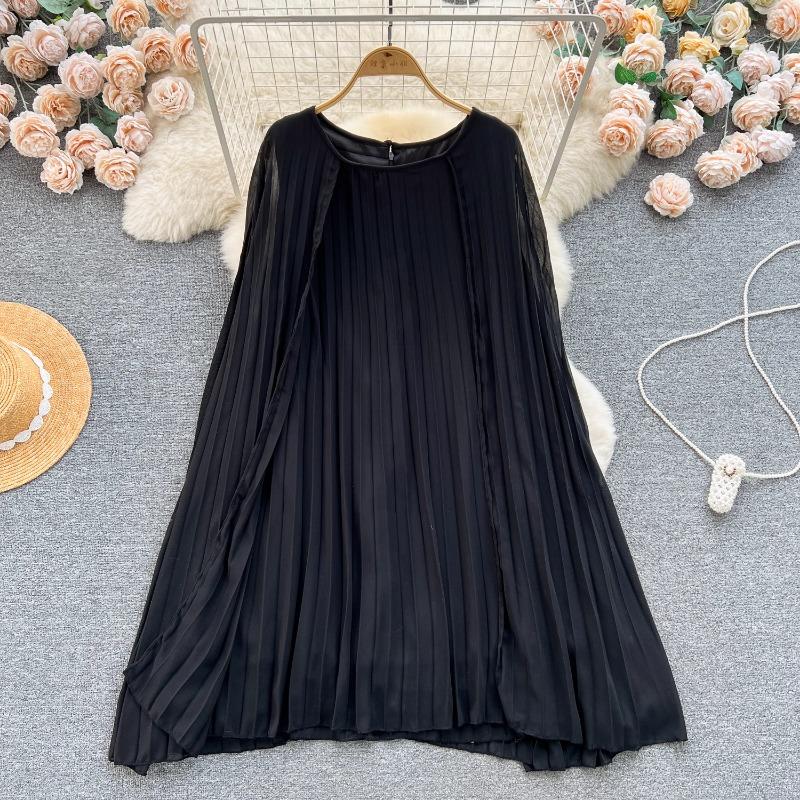 Vår Ny O-hals Kappe Kjoler Tungt Rynket Løs A-linje Kjole for Kvinner Y2k Middels lengde Rett Kvinnekjoler