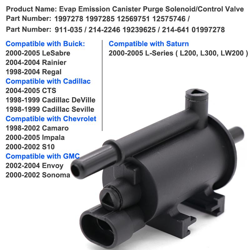 Vapor Canister Purge Solenoid Valve 1997278 1997285 12569751 12575746 for Buick Cadillac Chevrolet GMC 911-035 214-2246 641-641