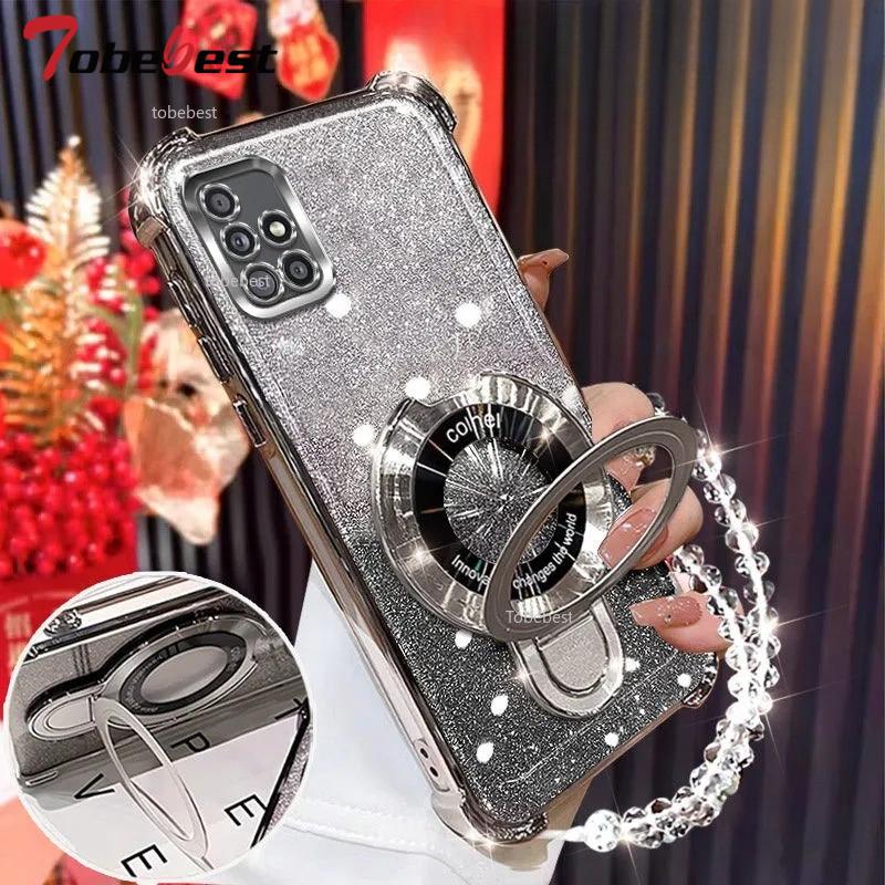 Glitter Plating Shockproof Case For Samsung Galaxy A51 A71 A21S A20 A30 A50 A70 A10S A20S 4G Magnetic Holder Bracelet Cover