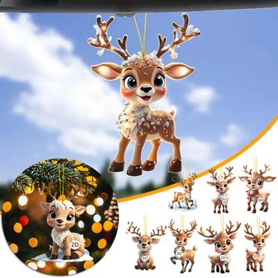 2D Flat Reindeer Car Rear View Mirror Charm Acrylic Cartoon Elk Christmas Tree Hanging