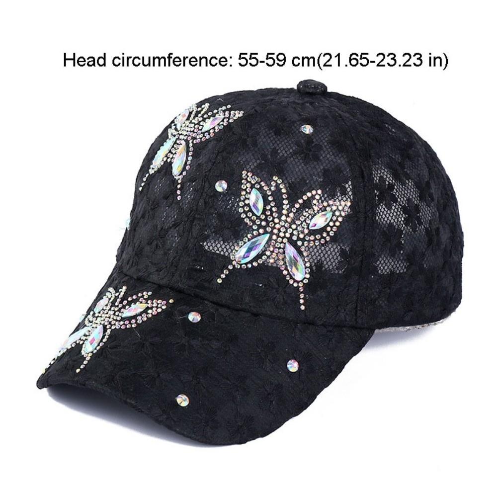 Breathable Butterfly Flower Baseball Cap Rhinestone Lace Visors Cap Adjustable Korean Style Mesh Peaked Hat Women
