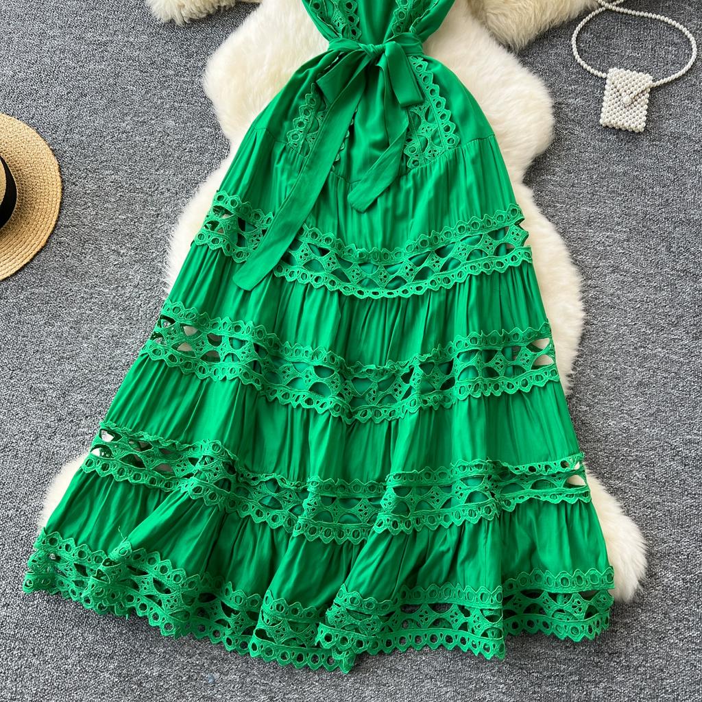 Rochie maxi lungă de vacanță cu broderie cu îmbinare din dantelă elegantă de vară Rochie de petrecere de nuntă fără mâneci pentru femei