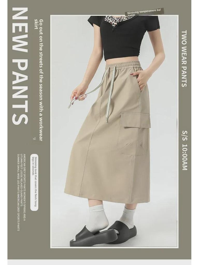 Women's American-Style A-Line High Waist Skirt with Pockets - Solid Color, Mid-Length, Slim Fit, Split Design for Spring/Summer 2025
