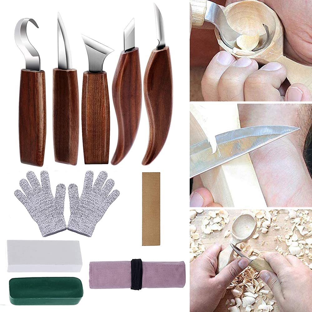 Hinevey Carving Knife Includes Carving Hook Blade Wood Seal Traditional DIY Personal Storage and Gloves Set, 10-Piece Set, Knife, Knife, Sharpener,