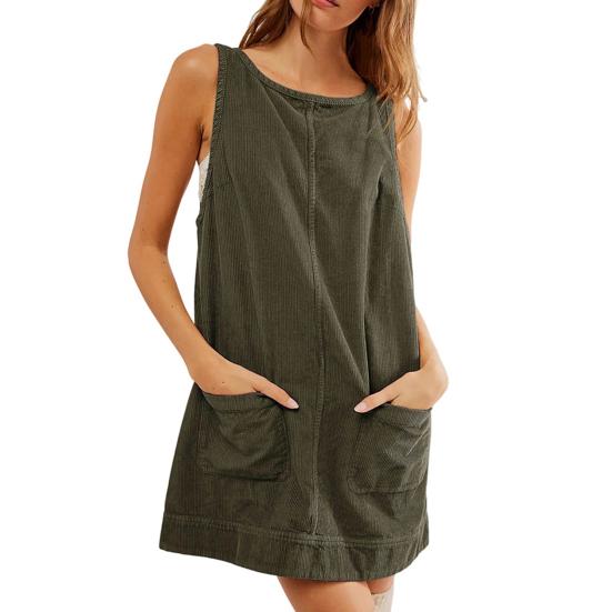 Women Dress with Pockets Sleeveless Oversized A-line Pure Color Backless Above Knee Length Lady Work Party Mini Dress