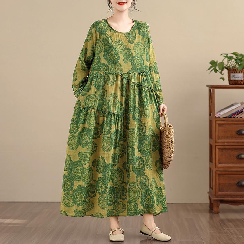 DIMANAF Women Plus Size Spring Summer New 2026 Vintage Long Dress Loose Oversize Long Sleeve Maxi Floral Print