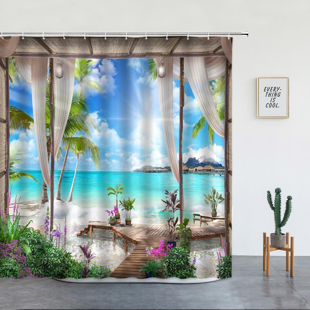 Beach Palm Trees Shower Curtains Sunset Island Hawaii Ocean Natural Landscape Polyester Bathroom Decor Cloth Bathtub Curtain Set